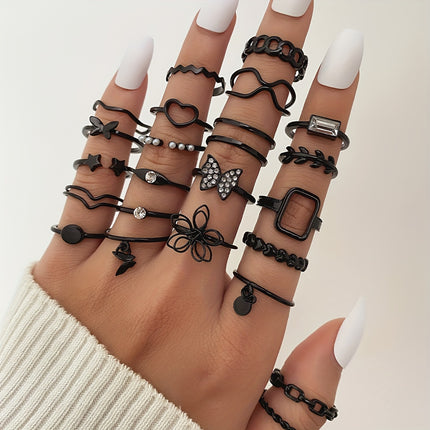 23pcs/set Gothic Ring Set Inlaid Rhinestone Trendy Butterfly Flower Heart Patterns Zinc Alloy Mix And Match For Daily Outfits Party Accessories