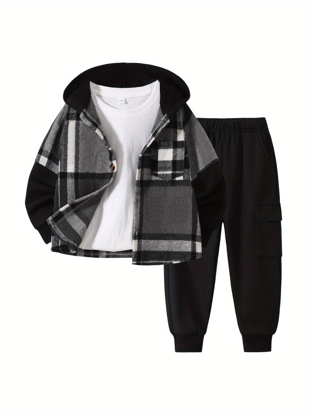 2pcs Fall/Winter Boys' Fashion Set New Arrival Boys' Clothing Long-Sleeve Plaid Hooded Sweatshirt Jacket Fashion Workwear Pants Set Ages 4-14 Holiday Gift Sports Set, for Outdoor