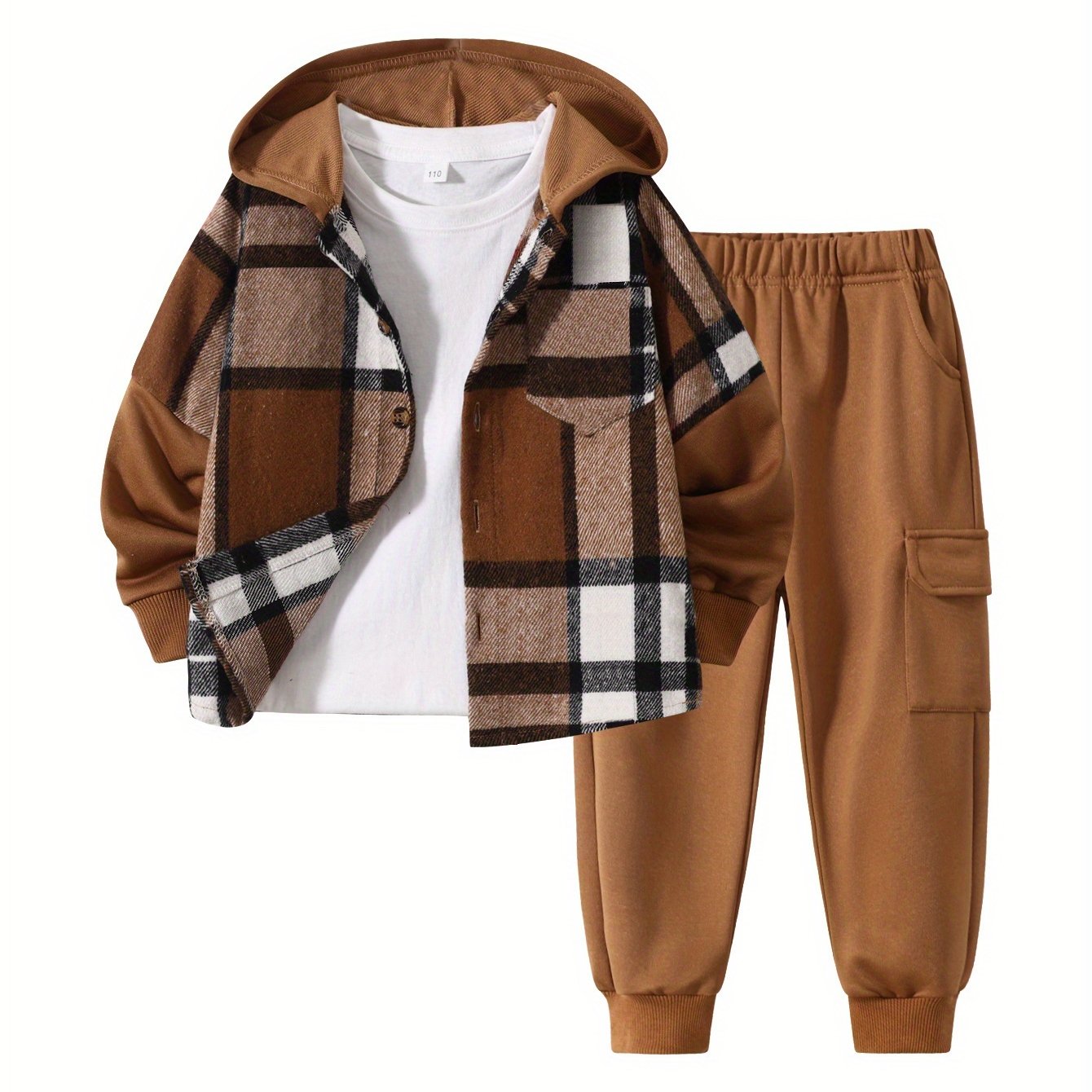 2pcs Fall/Winter Boys' Fashion Set New Arrival Boys' Clothing Long-Sleeve Plaid Hooded Sweatshirt Jacket Fashion Workwear Pants Set Ages 4-14 Holiday Gift Sports Set, for Outdoor
