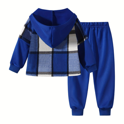 2pcs Fall/Winter Boys' Fashion Set New Arrival Boys' Clothing Long-Sleeve Plaid Hooded Sweatshirt Jacket Fashion Workwear Pants Set Ages 4-14 Holiday Gift Sports Set, for Outdoor