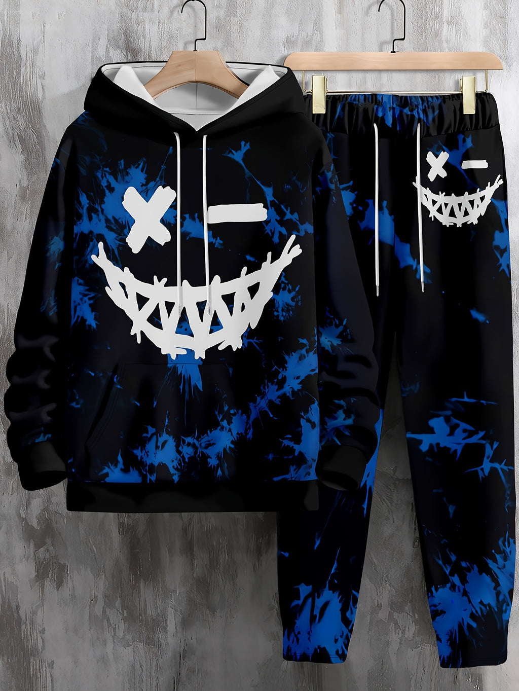 Monster Face Print, Men's 2Pcs Outfits, Casual Hoodies Long Sleeve Pullover Hooded Sweatshirt And Sweatpants Joggers Set For Winter Fall, Men's Clothing